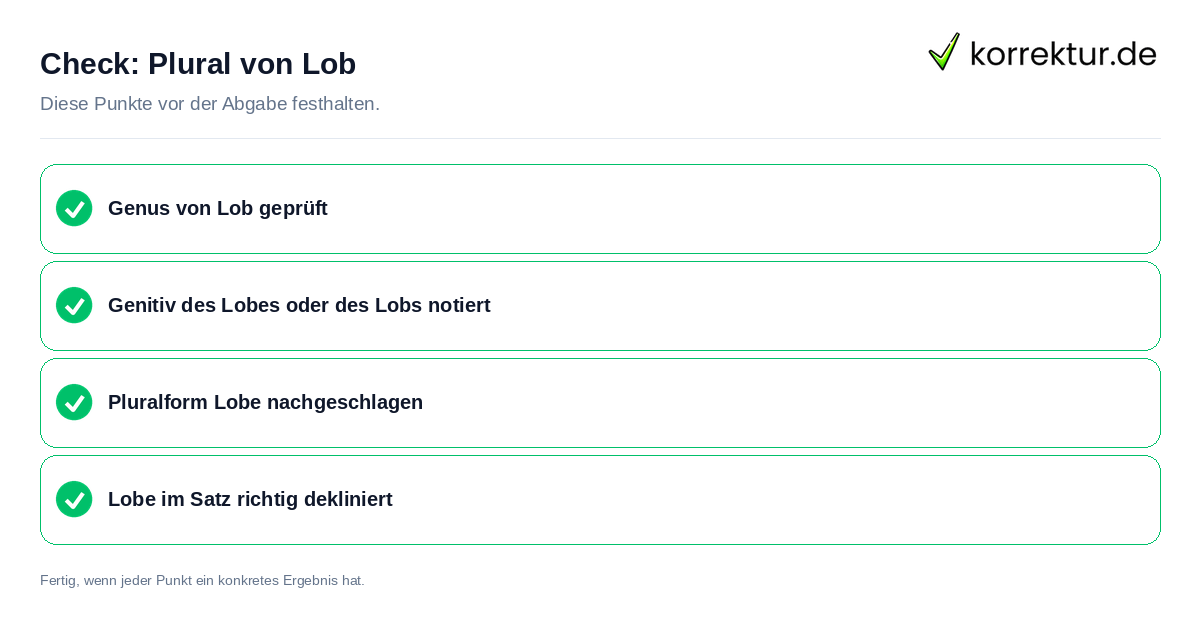 Check: Plural von Lob Plural von Lob: Prüfliste mit vier Punkten