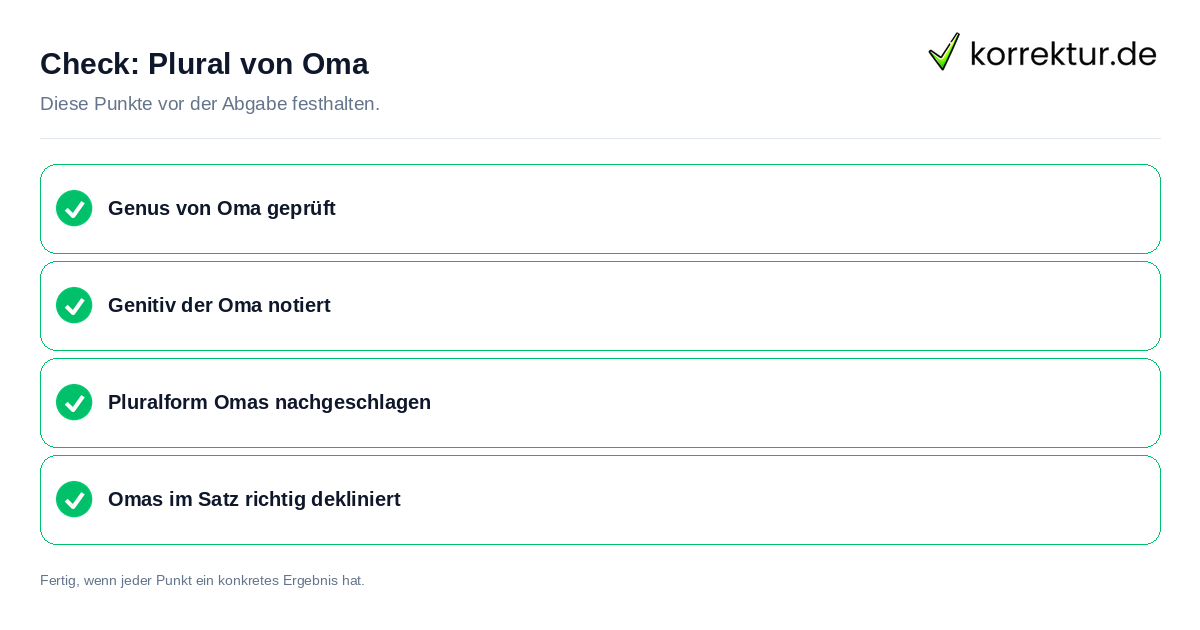 Plural von Oma: Prüfliste mit vier Punkten