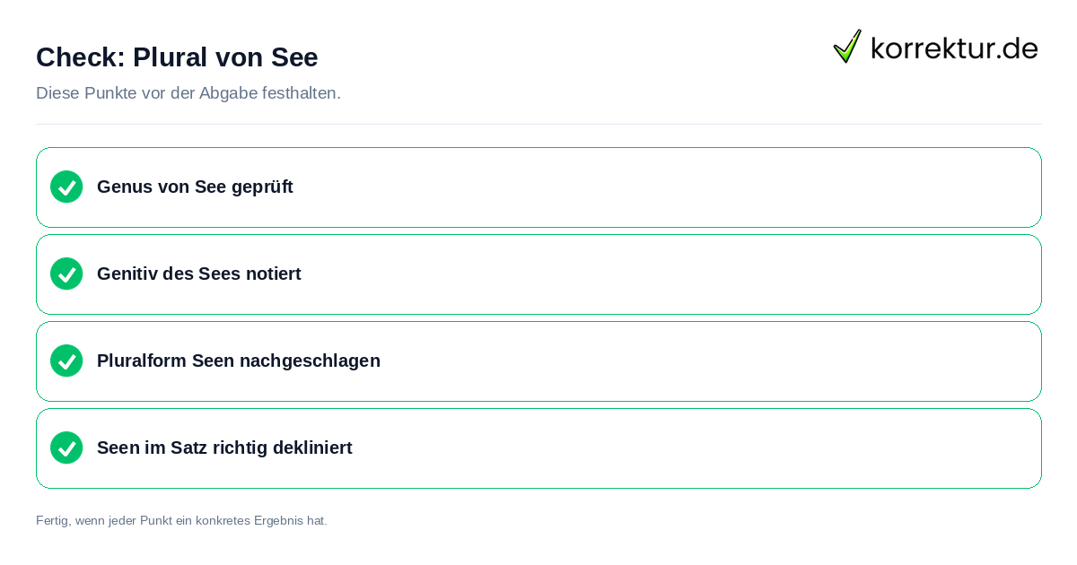 Plural von See: Prüfliste mit vier Punkten