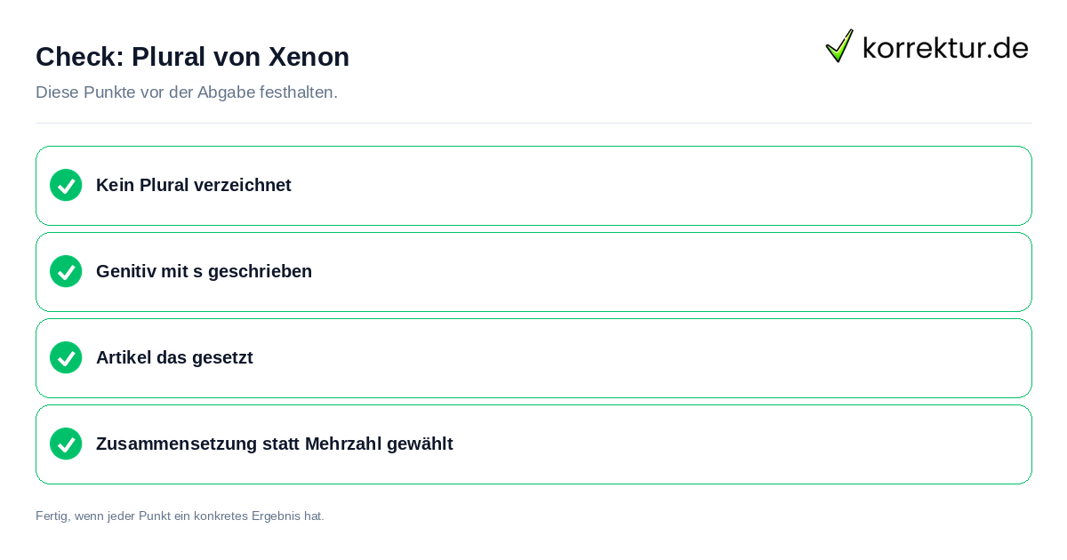 Plural von Xenon: Prüfliste mit vier Punkten
