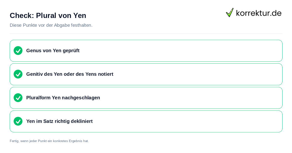 Plural von Yen: Prüfliste mit vier Punkten