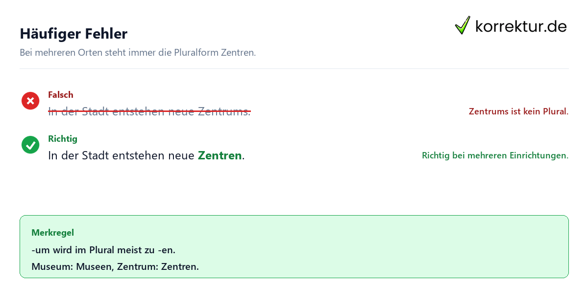 Häufiger Fehler Plural von Zentrum richtig schreiben: Zentren statt Zentrums