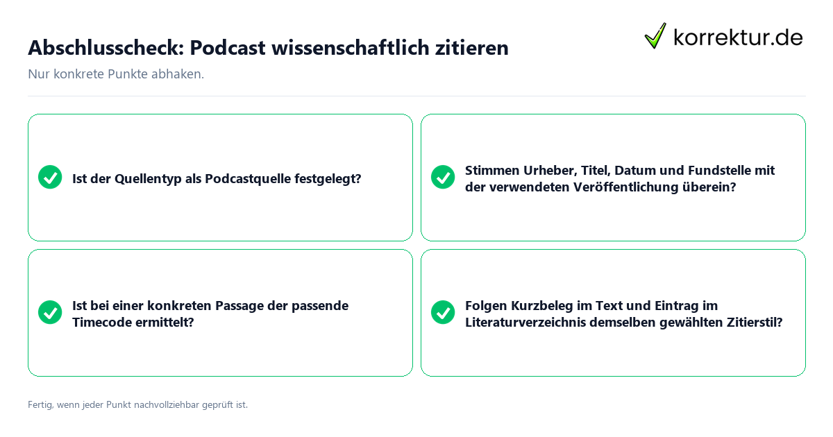 Konkreter Abschlusscheck zu Podcast wissenschaftlich zitieren