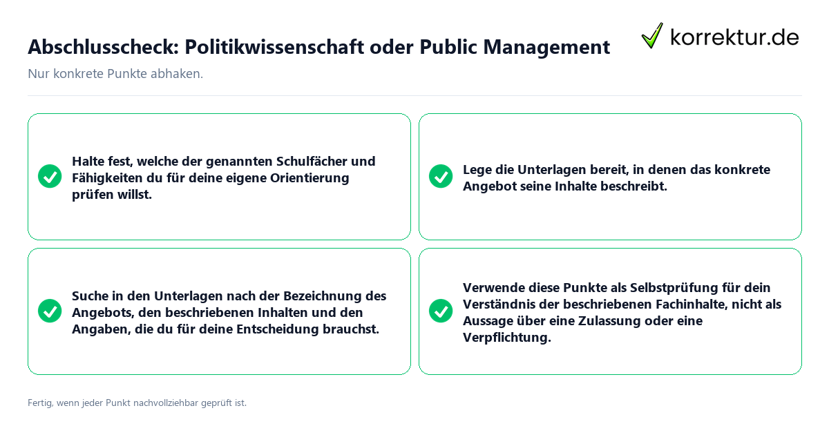 Konkreter Abschlusscheck zu Politikwissenschaft oder Public Management