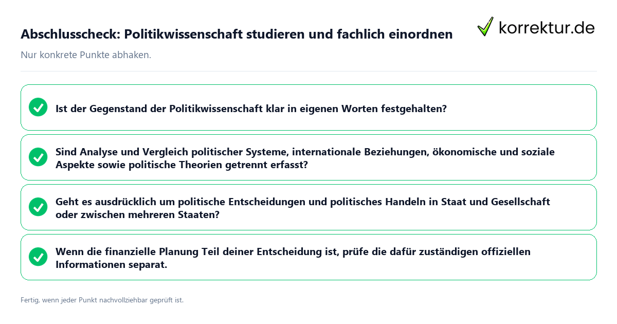 Konkreter Abschlusscheck zu Politikwissenschaft studieren und fachlich einordnen
