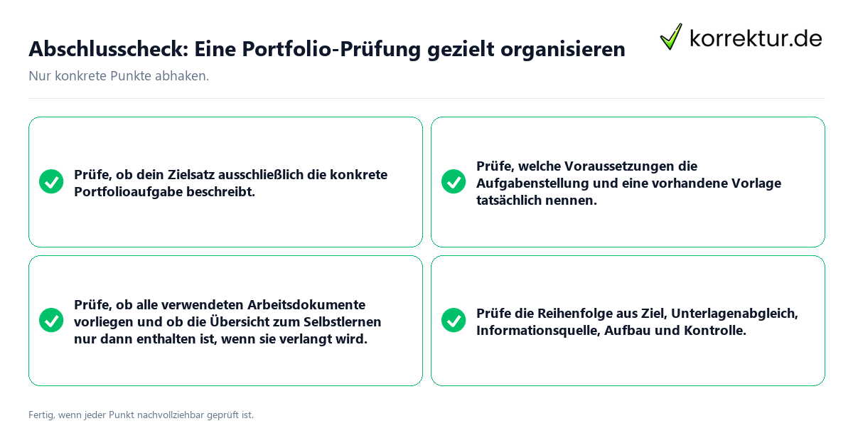 Abschlusscheck: Eine Portfolio-Prüfung gezielt organisieren Konkreter Abschlusscheck zu Eine Portfolio-Prüfung gezielt organisieren