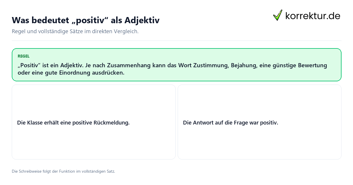 Konkrete Regel und vollständige Beispielsätze zu Was bedeutet „positiv“ als Adjektiv