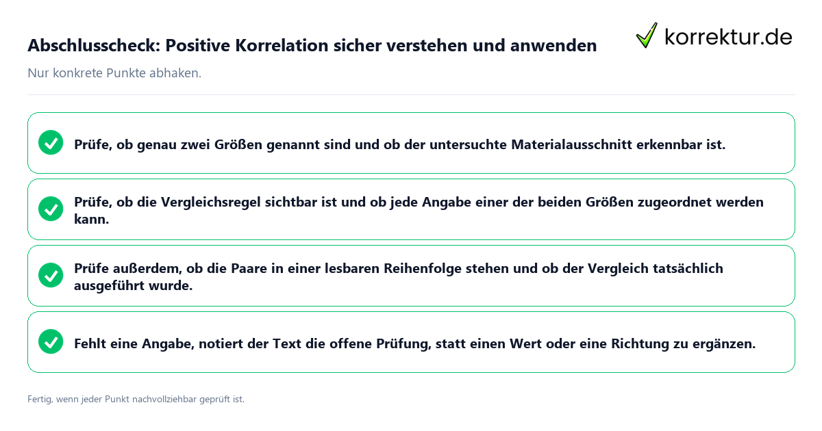Konkreter Abschlusscheck zu Positive Korrelation sicher verstehen und anwenden