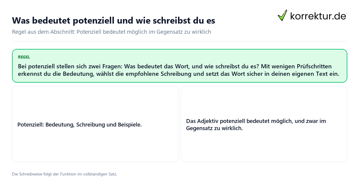 Konkrete Regel und vollständige Beispielsätze zu Was bedeutet potenziell und wie schreibst du es