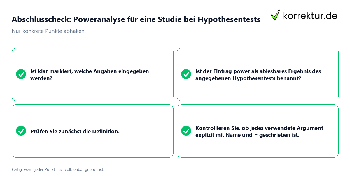 Konkreter Abschlusscheck zu Poweranalyse für eine Studie bei Hypothesentests