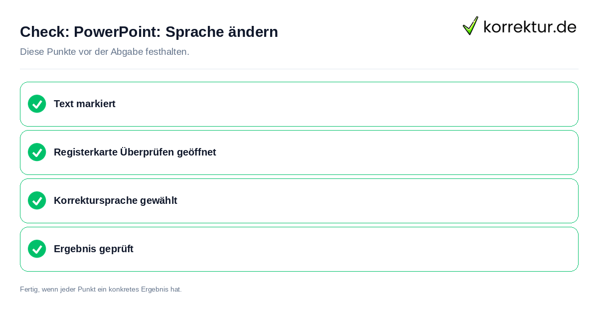 PowerPoint: Sprache ändern: Prüfliste mit vier Punkten