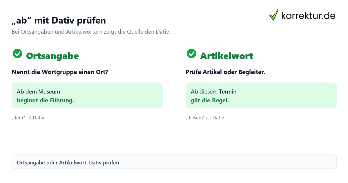 „ab“ mit Dativ prüfen Wie die Präposition „ab“ im Satz funktioniert: Ortsangabe und Artikelwort im Dativ