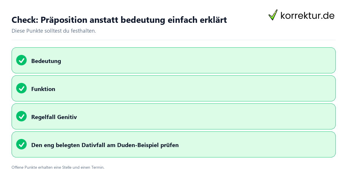 Präposition anstatt bedeutung einfach erklärt mit Checkliste für Unterlagen und nächste Schritte