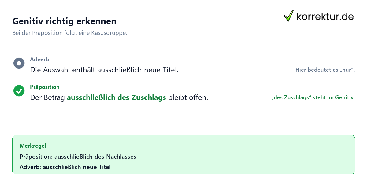Genitiv richtig erkennen Was „ausschließlich“ als Präposition bedeutet: Genitivgruppe erkennen