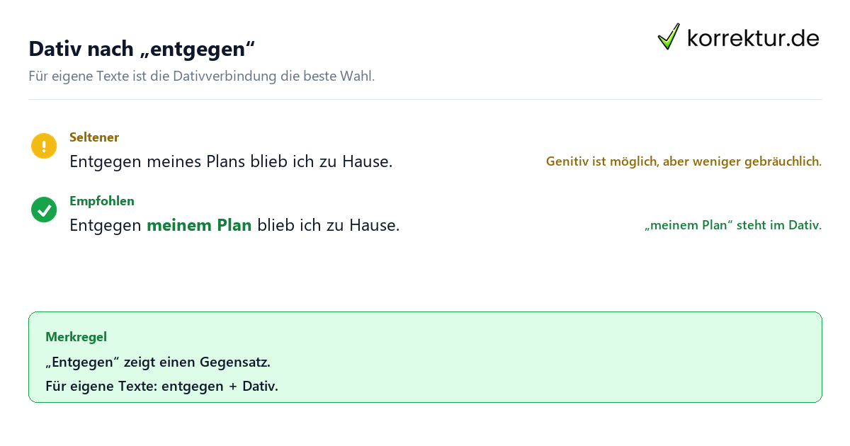Dativ nach „entgegen“ Was bedeutet „entgegen“ als Präposition? Richtige Dativform