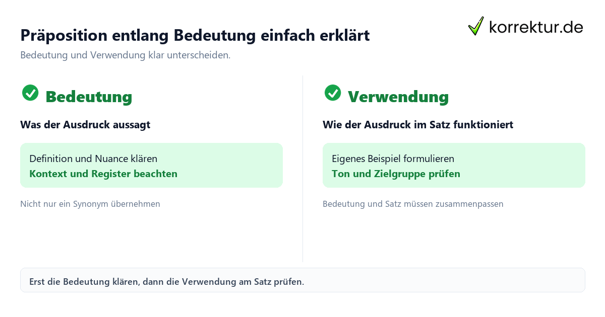 Präposition entlang Bedeutung einfach erklärt mit Bedeutung und passender Verwendung im Vergleich