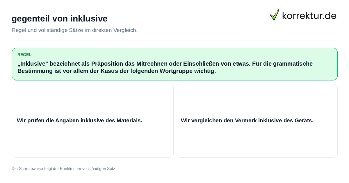 Konkrete Regel und vollständige Beispielsätze zu gegenteil von inklusive