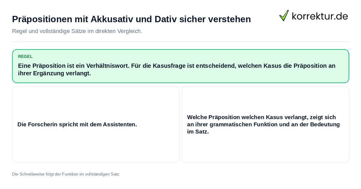 Konkrete Regel und vollständige Beispielsätze zu Präpositionen mit Akkusativ und Dativ sicher