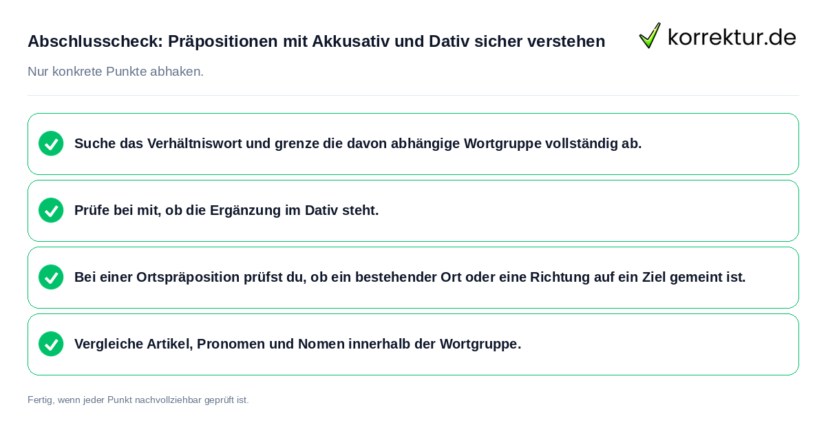 Konkreter Abschlusscheck zu Präpositionen mit Akkusativ und Dativ sicher verstehen