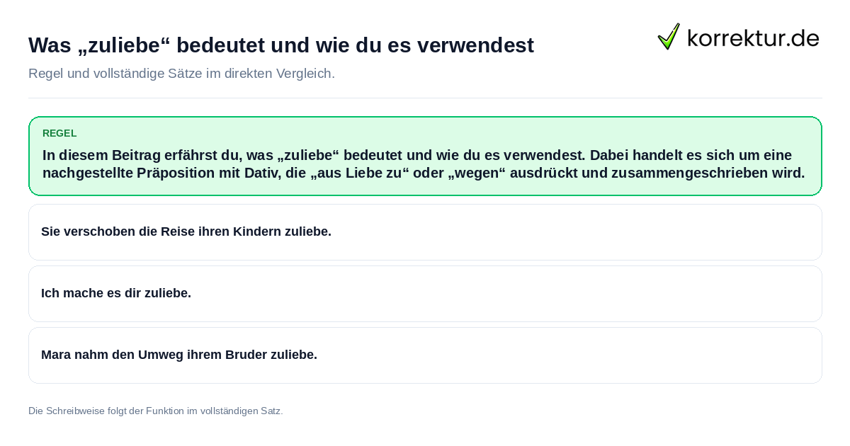 Konkrete Regel und vollständige Beispielsätze zu Was „zuliebe“ bedeutet und wie du es verwendest