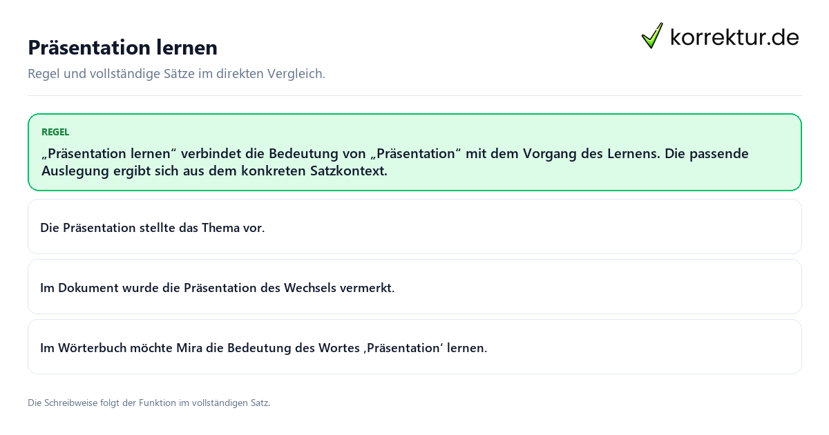 Konkrete Regel und vollständige Beispielsätze zu Präsentation lernen