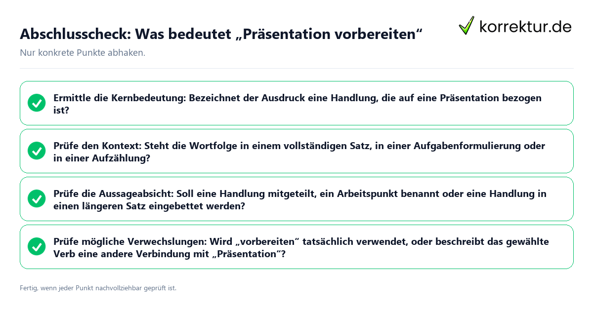 Konkreter Abschlusscheck zu Was bedeutet „Präsentation vorbereiten“