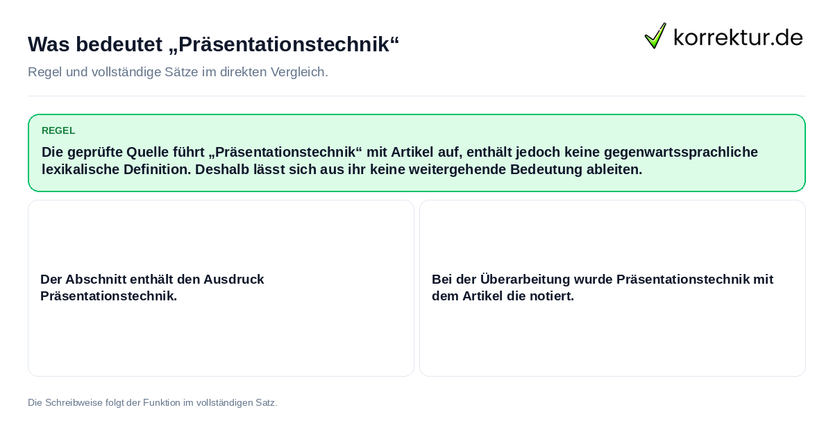 Was bedeutet „Präsentationstechnik“ Konkrete Regel und vollständige Beispielsätze zu Was bedeutet „Präsentationstechnik“