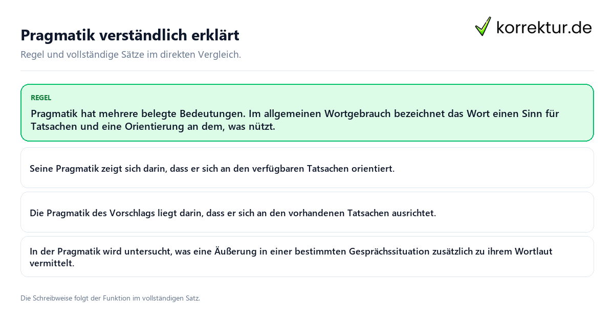 Konkrete Regel und vollständige Beispielsätze zu Pragmatik verständlich erklärt