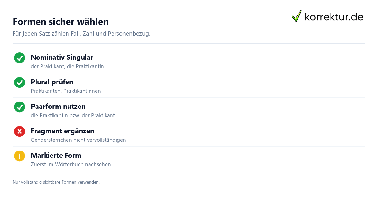 Formen sicher wählen Praktikant und Praktikantin richtig gendern: Formen prüfen
