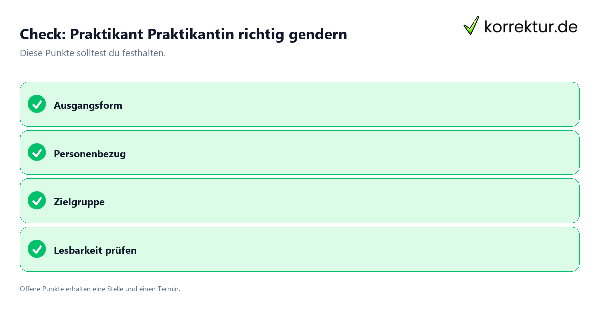 Praktikant Praktikantin richtig gendern mit Checkliste für Unterlagen und nächste Schritte