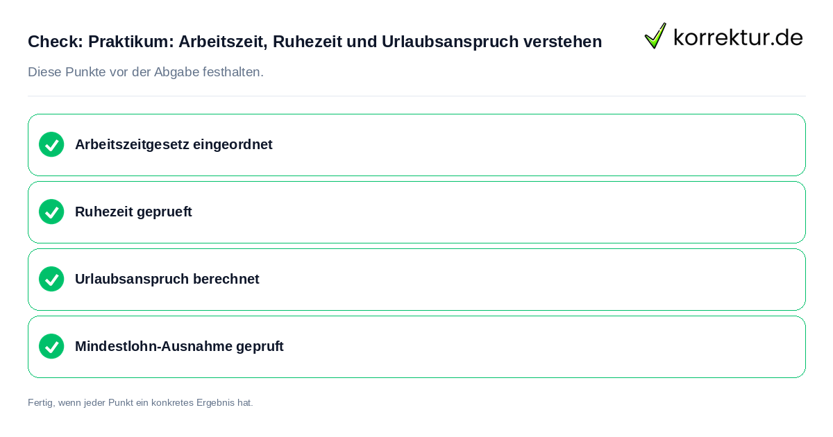 Praktikum: Arbeitszeit, Ruhezeit und Urlaubsanspruch verstehen: Prüfliste mit vier Punkten