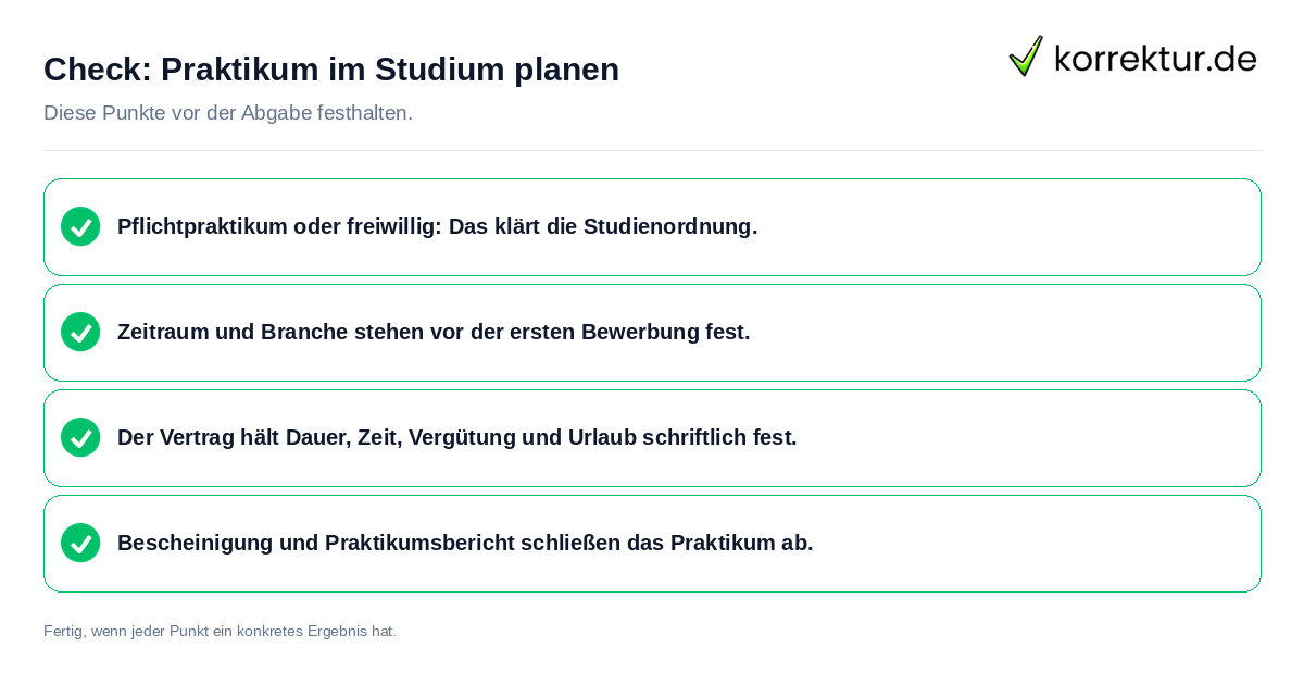 Praktikum im Studium planen: Prüfliste mit vier Punkten