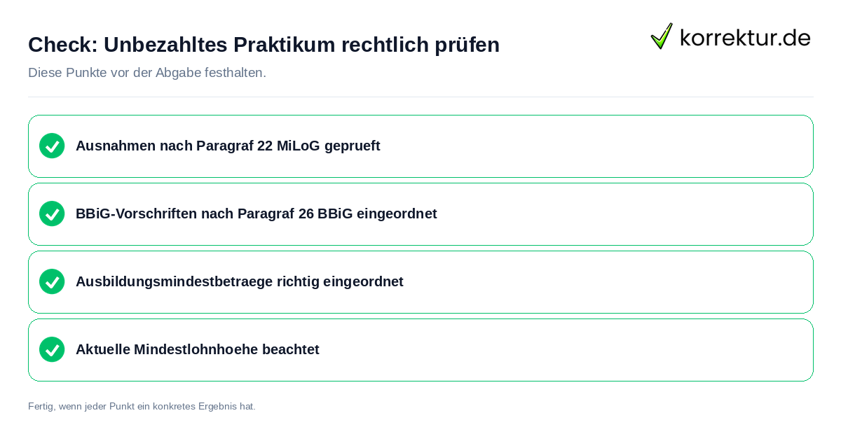 Unbezahltes Praktikum rechtlich prüfen: Prüfliste mit vier Punkten