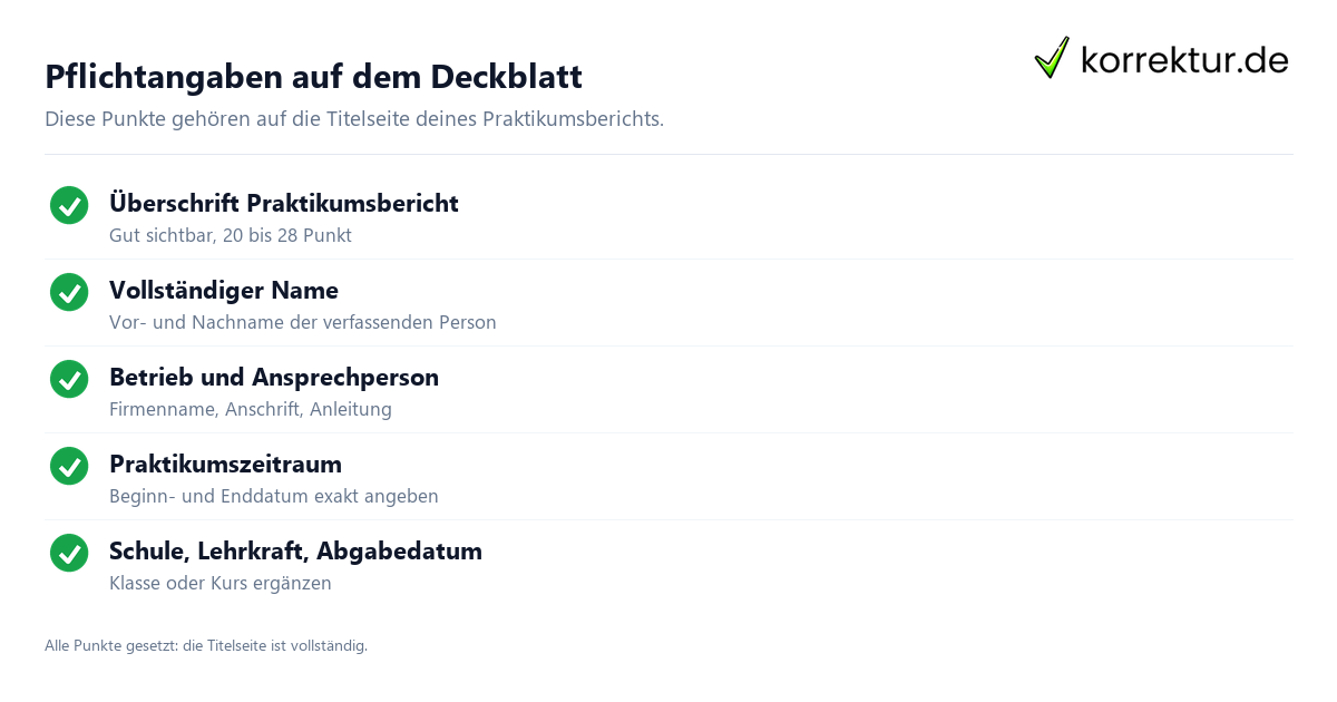 Praktikumsbericht Deckblatt Pflichtangaben Checkliste