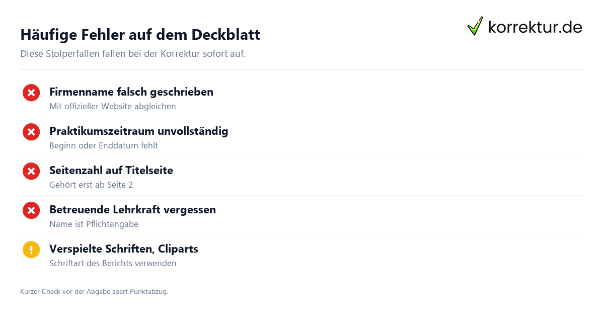 Praktikumsbericht Deckblatt häufige Fehler vermeiden