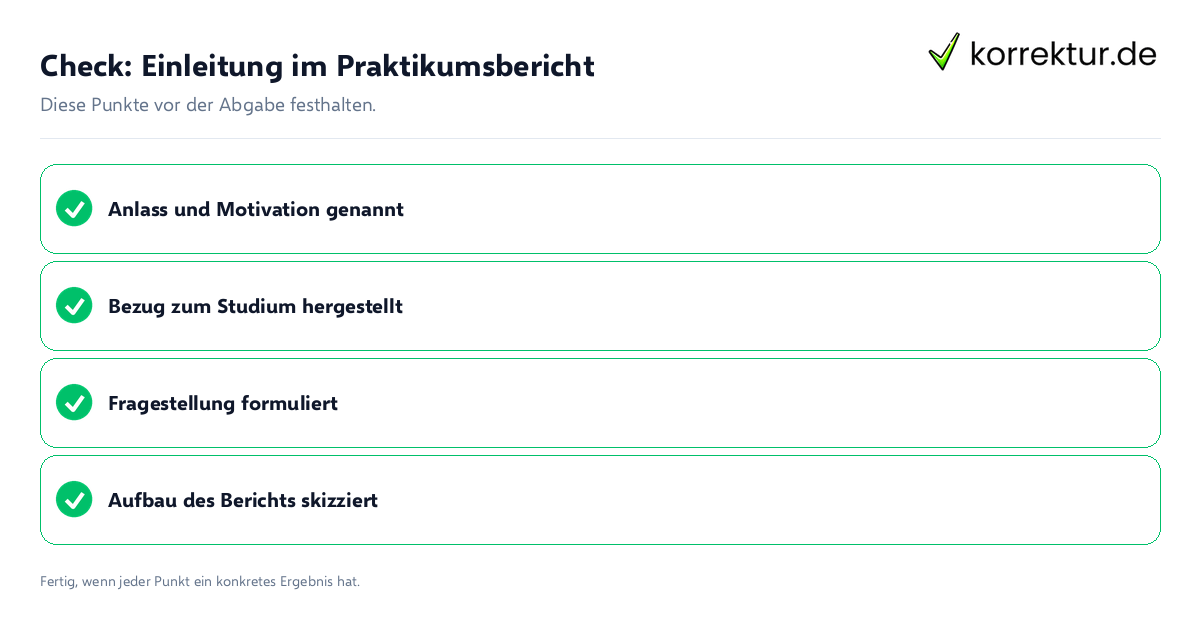 Check: Einleitung im Praktikumsbericht Einleitung im Praktikumsbericht: Prüfliste mit vier Punkten