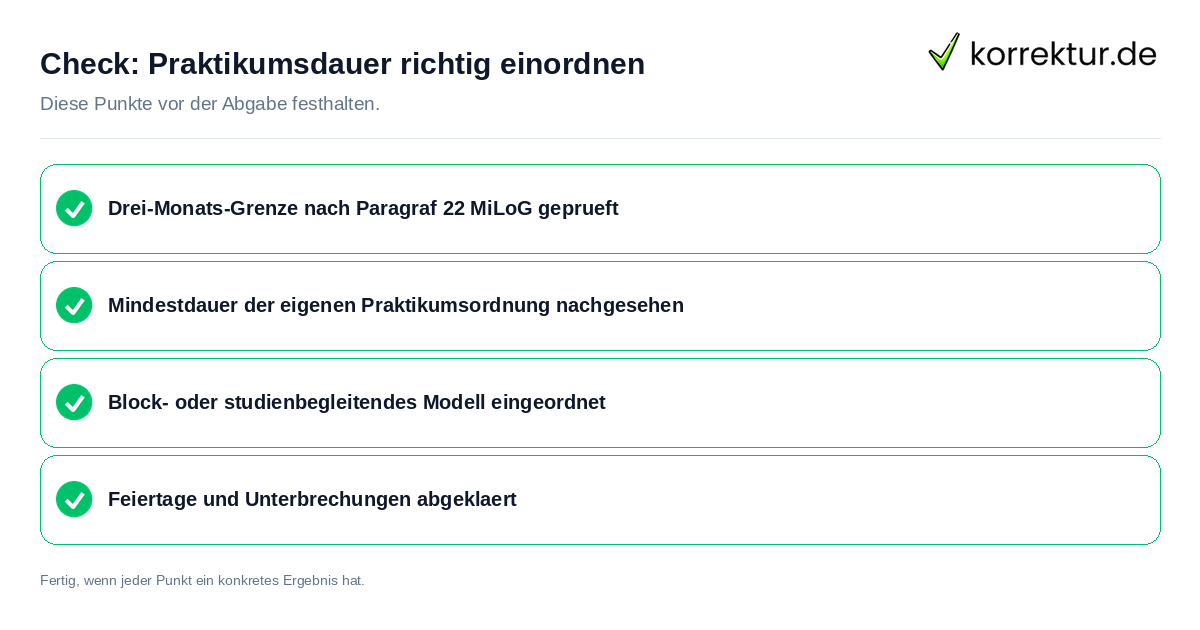 Check: Praktikumsdauer richtig einordnen Praktikumsdauer richtig einordnen: Prüfliste mit vier Punkten