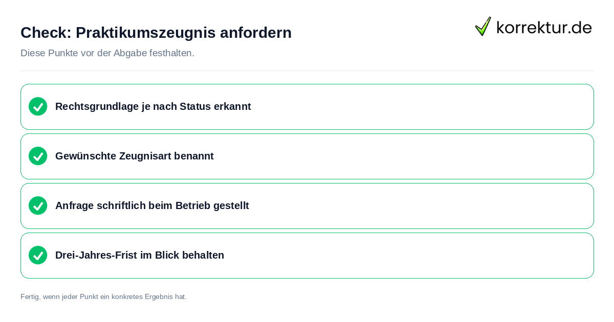 Check: Praktikumszeugnis anfordern Praktikumszeugnis anfordern: Prüfliste mit vier Punkten