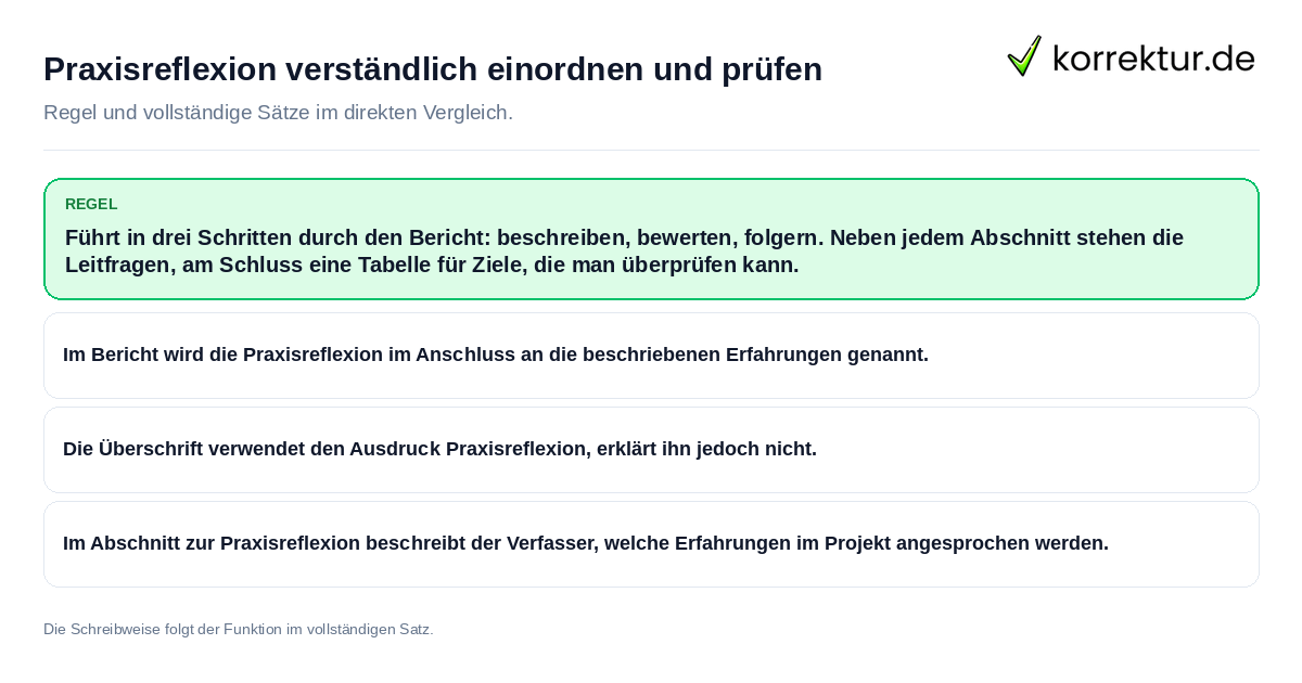 Praxisreflexion verständlich einordnen und prüfen Konkrete Regel und vollständige Beispielsätze zu Praxisreflexion verständlich einordnen und prüfen