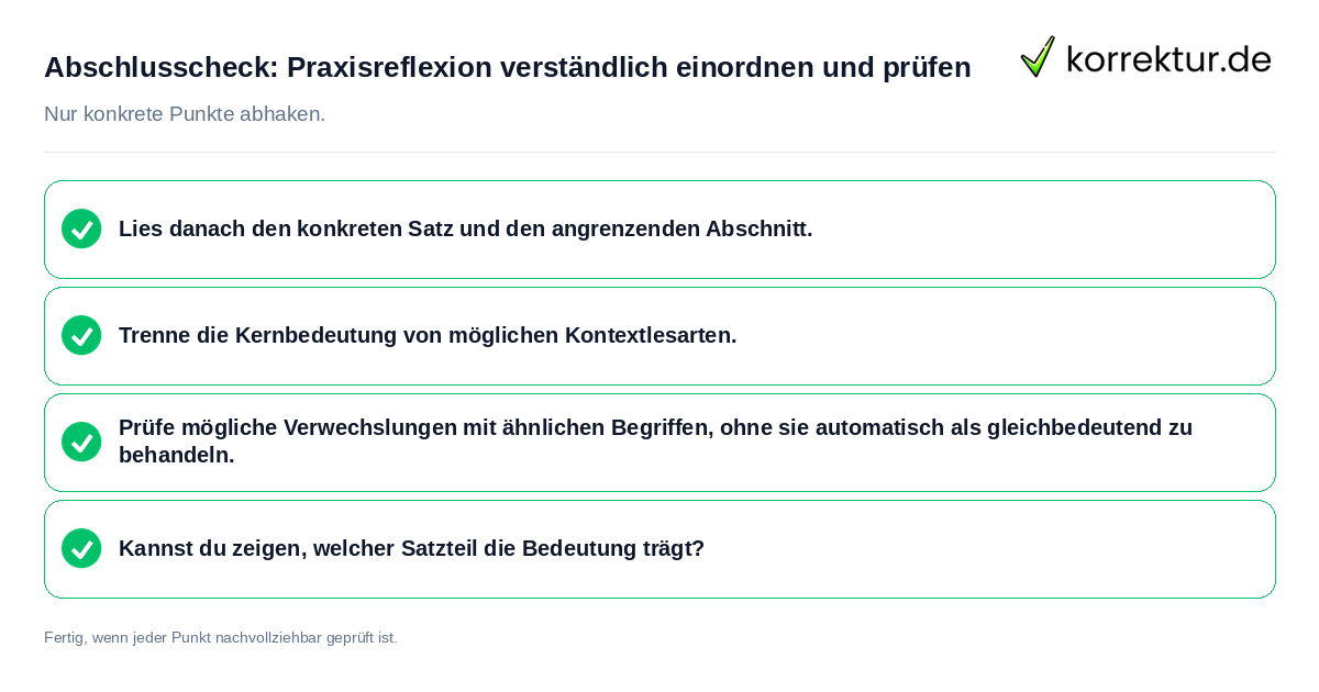 Abschlusscheck: Praxisreflexion verständlich einordnen und prüfen Konkreter Abschlusscheck zu Praxisreflexion verständlich einordnen und prüfen