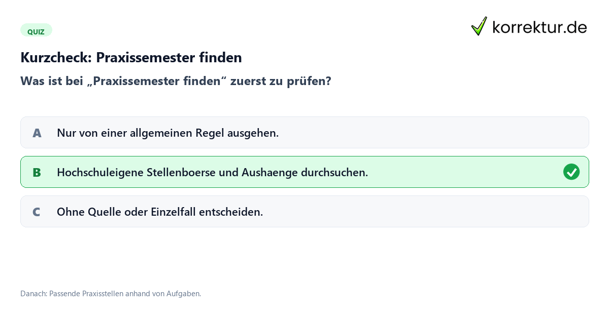 Praxissemester finden mit einem Kurzquiz zum sinnvollen nächsten Schritt