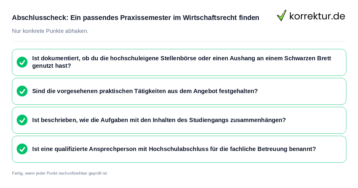 Konkreter Abschlusscheck zu Ein passendes Praxissemester im Wirtschaftsrecht finden