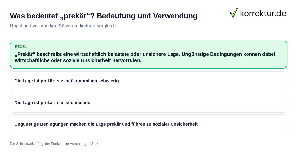 Konkrete Regel und vollständige Beispielsätze zu Was bedeutet „prekär“? Bedeutung und Verwendung