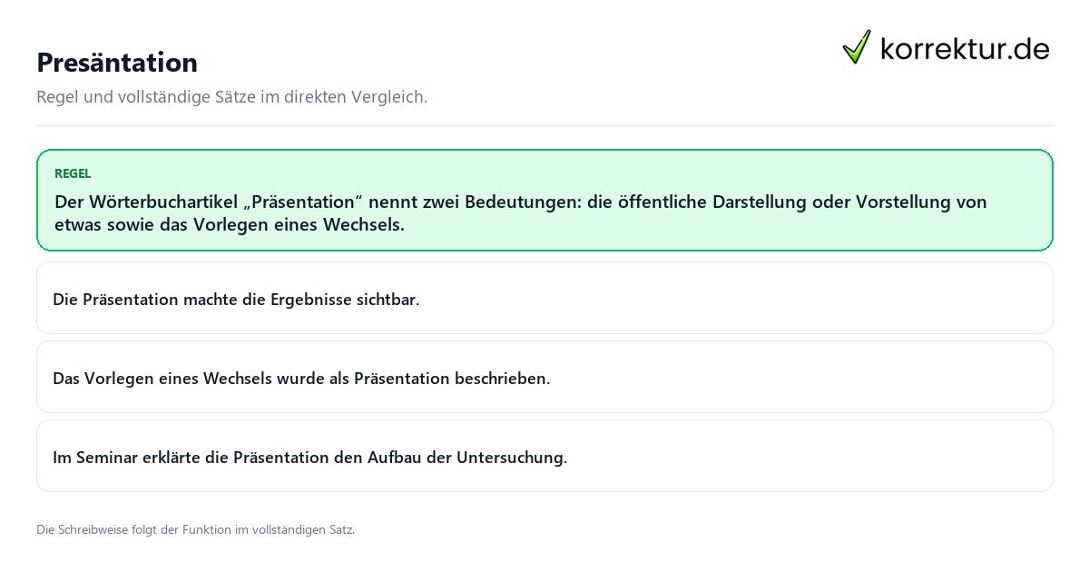Konkrete Regel und vollständige Beispielsätze zu Presäntation