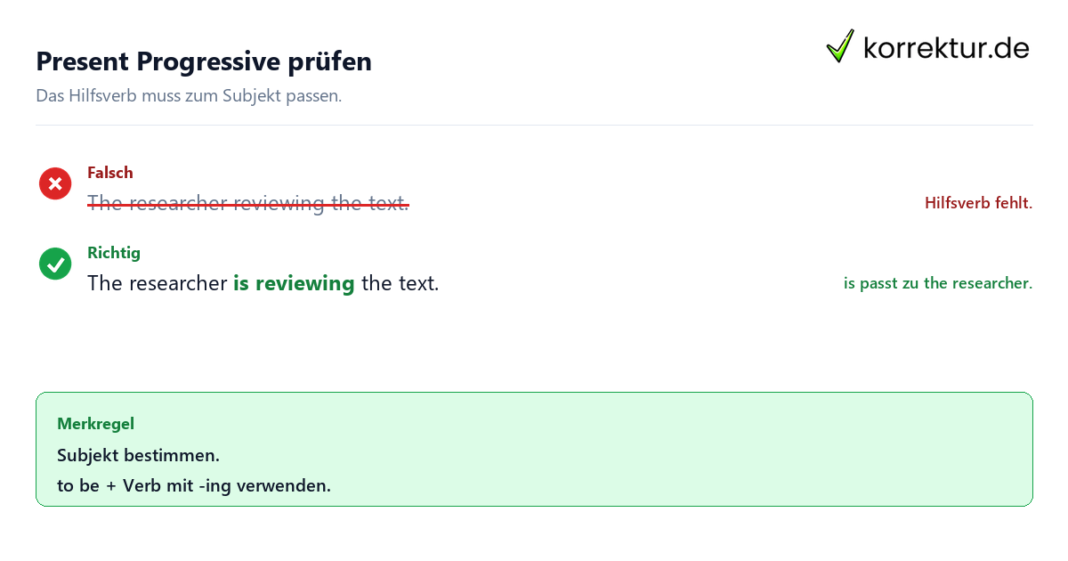 Present Progressive prüfen Present Progressive sicher verstehen und anwenden: Satz korrekt bilden