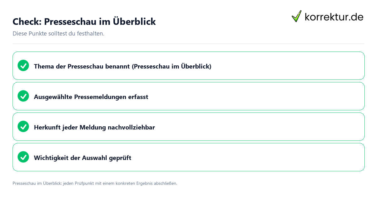 Presseschau im Überblick mit einer themenspezifischen Checkliste