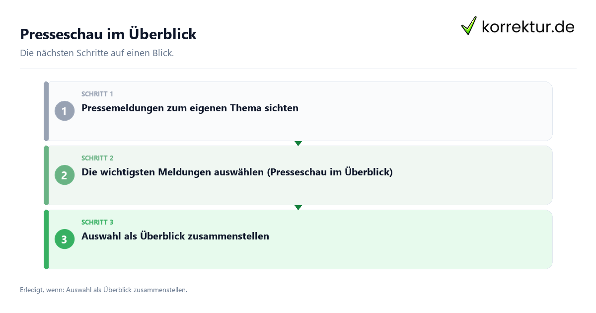 Presseschau im Überblick mit einem Ablauf aus Prüfung, Kontakt und Dokumentation
