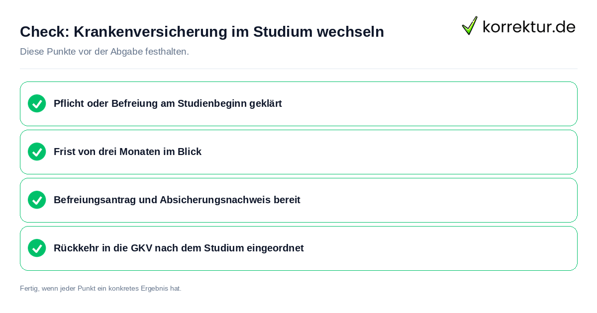 Check: Krankenversicherung im Studium wechseln Krankenversicherung im Studium wechseln: Prüfliste mit vier Punkten