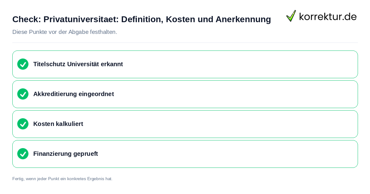 Privatuniversität: Definition, Kosten und Anerkennung: Prüfliste mit vier Punkten