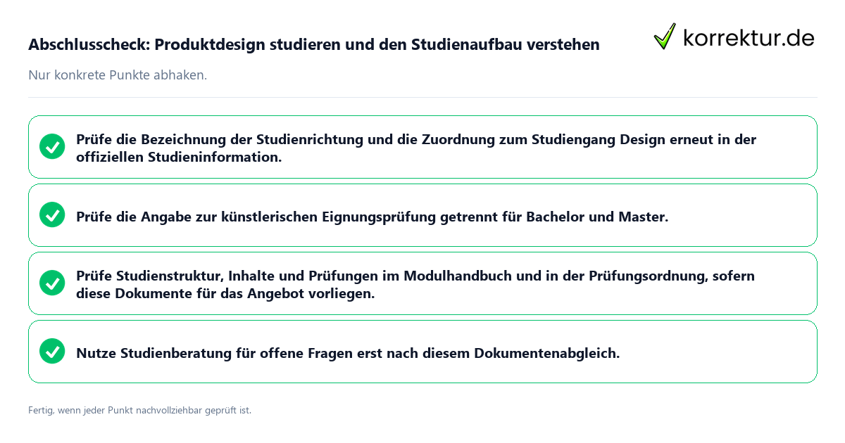 Konkreter Abschlusscheck zu Produktdesign studieren und den Studienaufbau verstehen